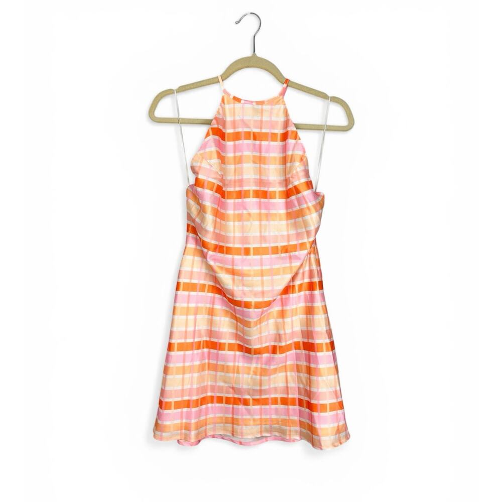 Nia Pink Multi Plaid Satin Mini Backless Slip Dress Large NWT Spring Coquette